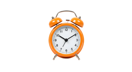 Vintage Orange Alarm Clock on a Plain Background with Classic Design, Showing Time with Clear Numbers and Distinctive Twin Bell Features