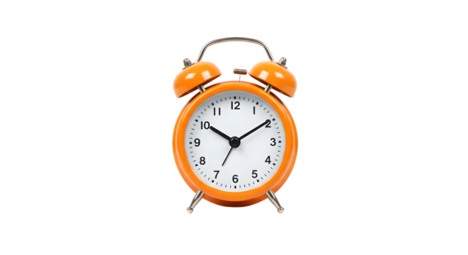 Vintage Orange Alarm Clock on a Plain Background with Classic Design, Showing Time with Clear Numbers and Distinctive Twin Bell Features