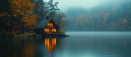 Fototapeta premium Lakeside Cabin Lights Foggy Autumn