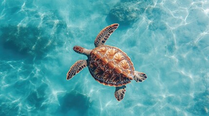 Fototapeta premium Stunning Aerial View of a Sea Turtle Gracefully Swimming in Crystal Clear Turquoise Waters