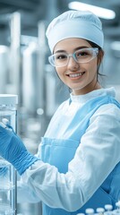 A smiling woman in a lab coat and gloves holds a glass container, representing science and research in a clean, modern laboratory environment.