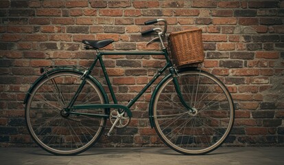 A vintage green bicycle with a wicker basket against a brick wall.
