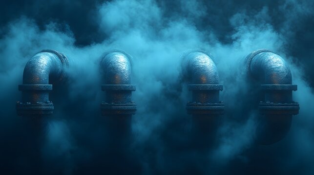 Gas leak with a dramatic cloud of vapor escaping from a pipe 3D illustration