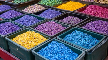 Vibrant Colorful Seeds in Market Bins Display