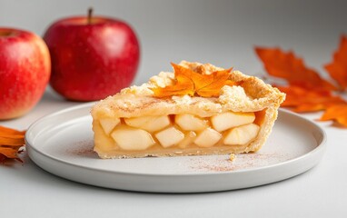 A slice of apple pie on a plate, garnished with autumn leaves. Two red apples are in the background. The scene is softly lit, creating a warm and inviting atmosphere