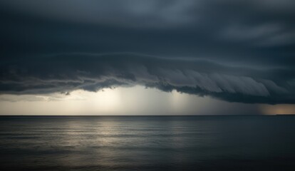 Fototapeta premium A moody seascape featuring a dark storm cloud hovering over the sea.