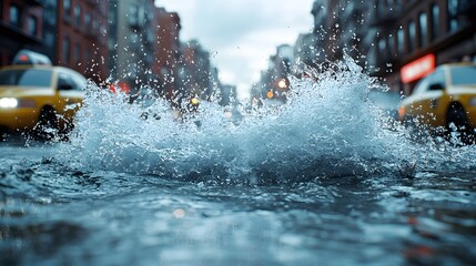 Fototapeta premium Water burst from a cracked city pipeline flooding the street 3D illustration
