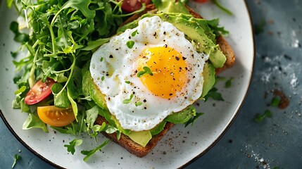 Delicious avocado toast topped with a fried egg and fresh arugula.
