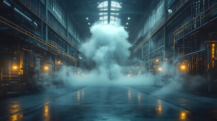 High-pressure steam leak creating a cloud of mist in a factory 3D illustration