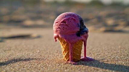 Bright ice cream scoops melting in a waffle cone on a sunny tropical beach - Powered by Adobe