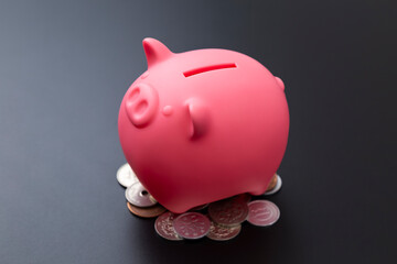 黒背景に貯金箱と硬貨