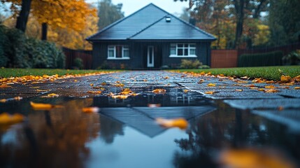 Fototapeta premium Autumnal reflection of cozy home on wet pathway