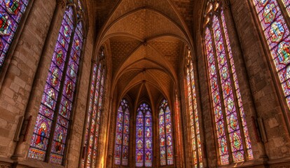 Fototapeta premium An interior view of a cathedral with its stunning stained-glass windows.