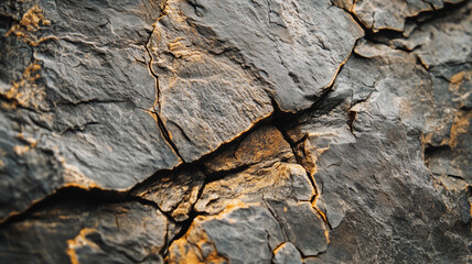 macro shot of rough and rugged stone surface reveals intricate textures and natural patterns, showcasing earthy tones and detailed cracks. image captures raw beauty of nature