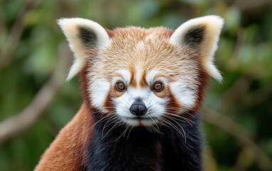Fototapeta premium Close-up portrait of a red panda, its reddish-brown fur highlighted against a blurred green background. The animal's expressive face is the focus, showing details like its white facial markings and