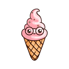 Kawaii ice cream cone with pink ice cream, wearing round glasses. The cone is waffle-patterned and the ice cream has small star sprinkles. Cute vector illustration in cartoon style. Illustration for