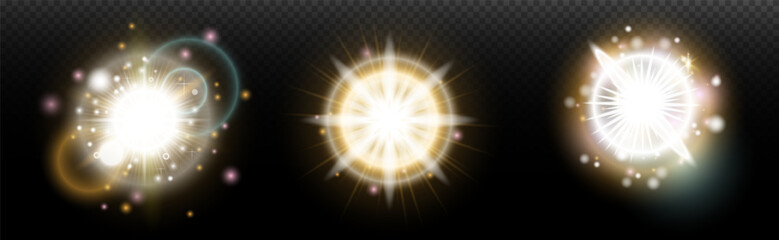 Set of flash light effect with glare and glow on a transparent background. Magic, rainbow glow, shining light, stars, optical flares for design, photomontage, New Year and holiday projects.