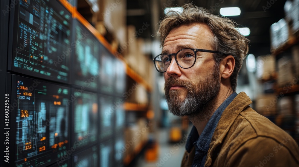 Poster a professional examines digital displays showcasing logistics data in a warehouse environment, empha