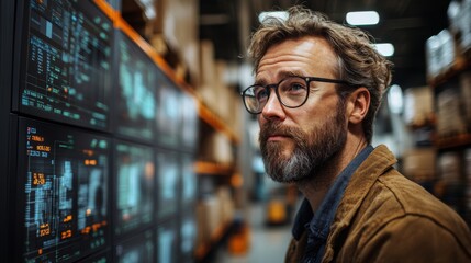 A professional examines digital displays showcasing logistics data in a warehouse environment, emphasizing efficient inventory management and sustainable operations.