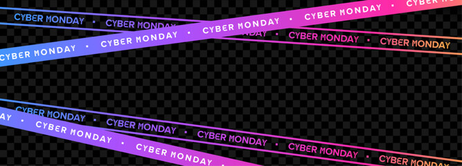 Cyber Monday gradient tape banner. Neon futuristic warning stripe with glowing text on transparent background. Promo design for online sales, digital ads. Vector illustration