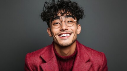 Obraz premium Cheerful handsome man with trendy haircut studio portrait lifestyle warm background close-up positive vibes