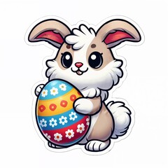Obraz premium Sticker of cute cartoon Easter bunny holding colorful Easter egg on white isolated background.