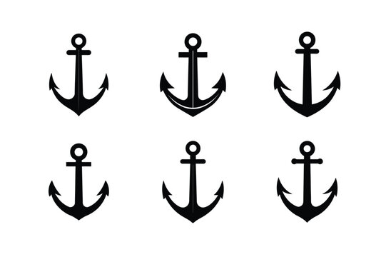 monochrome sea anchor icon art set vector silhouette