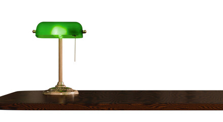 A 3D-rendered image of a classic green banker&rsquo;s lamp with a brass stand, placed on a dark wooden desk. The lamp emits a soft glow, creating a vintage and elegant atmosphere.