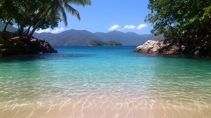 Fototapeta premium Relax on a serene beach with crystal-clear waters, palm trees, and gentle breezes, perfect for a summer escape