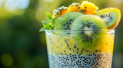 Delicious and healthy chia pudding parfait with kiwi and mango. Perfect for a summer breakfast or snack.