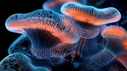 Glowing bioluminescent jellyfish underwater, dark background, science fiction art