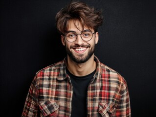 Stylish bearded man smiling with trendy haircut in studio portrait fashion indoor close-up shot