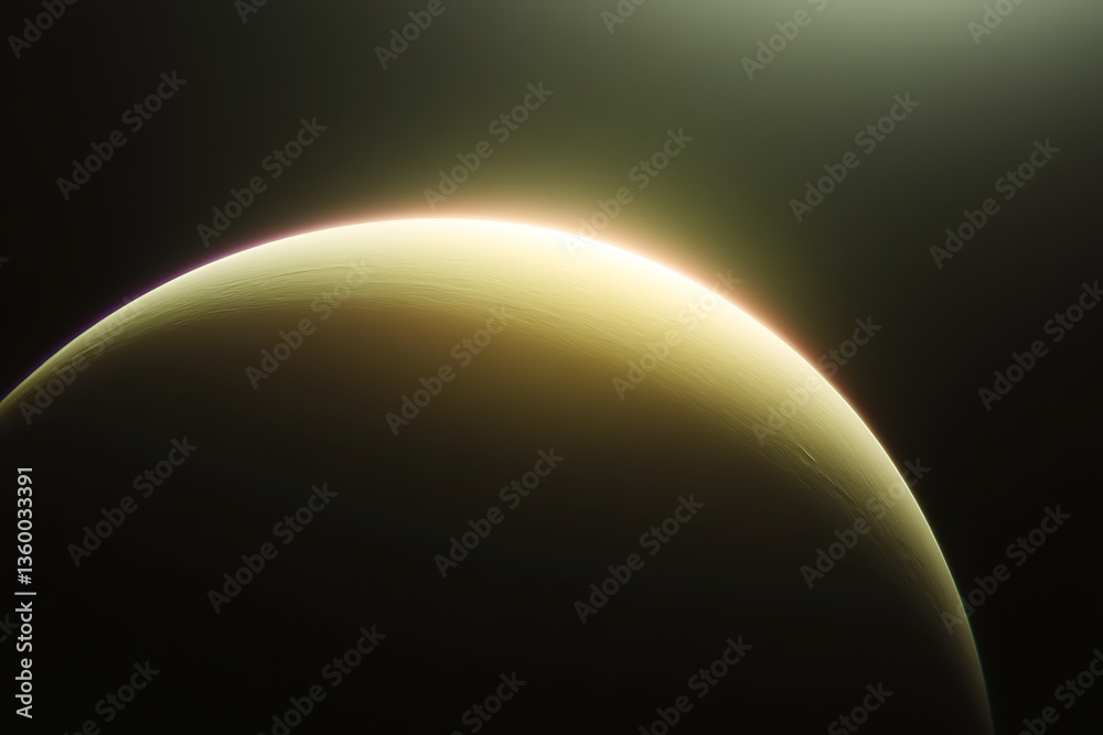 Poster glowing planet curve, dark space background.