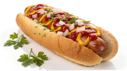 Delicious Grilled Hot Dog in a Soft Bun with Mustard, Ketchup, Onions, and Fresh Parsley Garnish