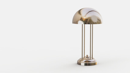 A 3D-rendered image of an elegant table lamp with a polished brass dome shade and a minimalist frame. The lamp stands on a round metallic base, featuring a stylish and contemporary design. 