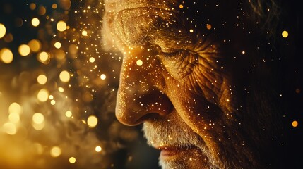 A close-up of a pious man face, illuminated by a single candle, soft golden sparks dancing in the air.