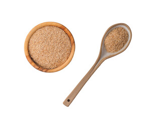 Psyllium husk in the plate with spoon on white background.