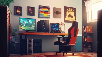 A modern gaming setup featuring a sleek desk, vibrant monitors, and artistic wall decor in a cozy room