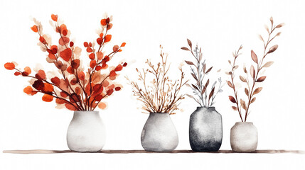 Watercolor Autumn Floral Arrangement In Ceramic Vases