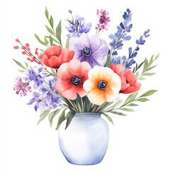 Watercolor Floral Bouquet In A Blue Vase