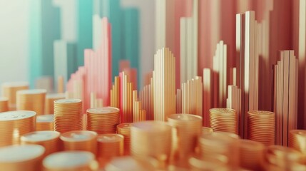 Obraz premium Housing market trend, fluctuating coins and graphs, 3D illustration.