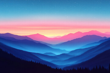 Obraz premium Vibrant sunset over majestic mountains, casting golden hues and silhouettes against a clear evening sky.