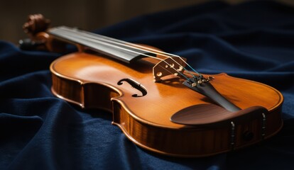 Elegant violin on a blue velvet fabric, lit in a dramatic studio setting.