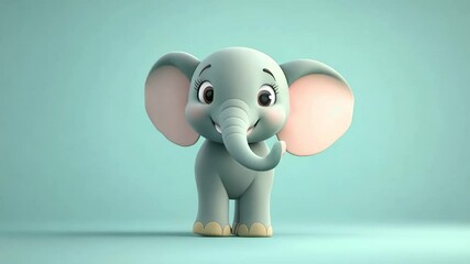 Adorable cartoon baby elephant with big ears and gentle smile standing on soft pastel background in 3D style