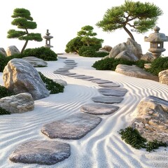 Serene Japanese Zen Garden with Stone Pathway and Lantern. A tranquil landscape design ideal for meditation and relaxation.