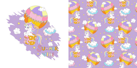 Happy unicorn. Isolated illustration and seamless pattern with unicorns and magic elements. Vector set of magic horse and background. For kids clothes, fabrics, dishes, bed linen, print and design