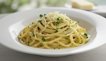 A creamy cacio e pepe pasta dish on a clean white plate.