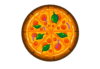 pepperoni pizza with basil and red onion
