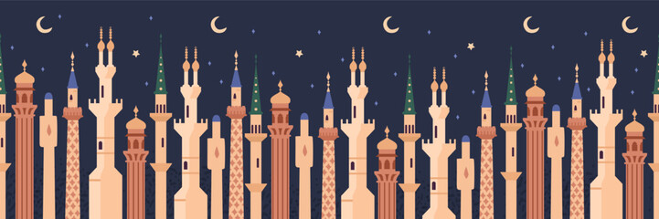 Muslim architecture elements minarets flat vector seamless border on dark background with stars and moon.