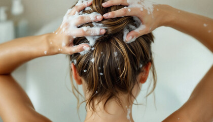 Fototapeta premium Close-up of a woman washing her hair, covered in shampoo suds, in a softly lit bathroom.